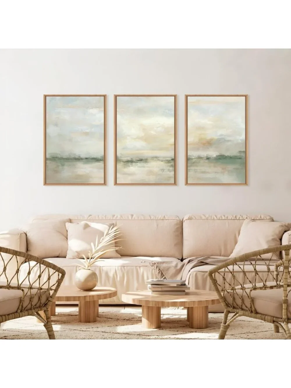 Large Abstract Green Gray Pastel Framed Canvas Art - Modern Watercolor Landscape